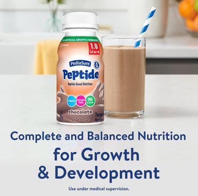 PediaSure Peptide 1.0 Cal 24 Count Complete Balanced Nutrition for Kids with GI Conditions Peptide-Based Formula with 7g Protein and Prebiotics for Oral or Tube Feeding Chocolate 8-fl-oz Bottle