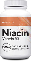 Nui Nutra Niacin (Vitamin B3) Supplement | 500mg | 200 Capsules | Nervous & Cardiovascular System Boost | Skin, Brain, Energy, and Metabolism Support | with Flushing