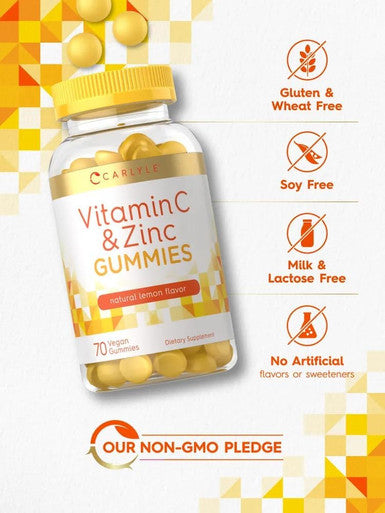 Carlyle Vitamin C and Zinc Gummies | 70 Count | Vegan Non-GMO and Gluten Supplement | Lemon Flavor