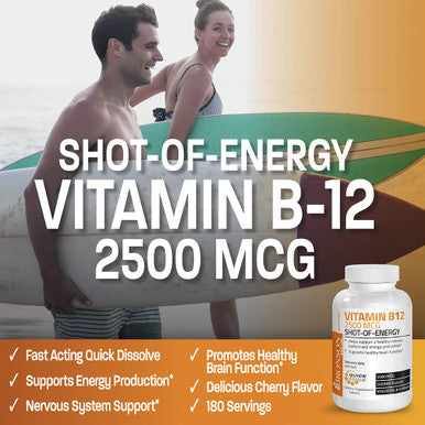Vitamin B12 2500Mcg Shot Of Energy Fast Dissolve Chewable Tablets - Quick Release Cherry Flavored Sublingual B12 Vitamin - Supports Nervous System, Healthy Brain Function Energy Production 180 Count
