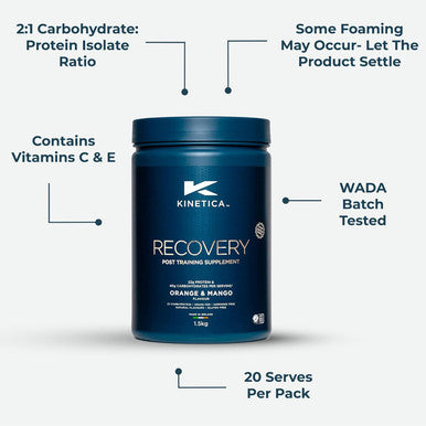 Kinetica Kinetica Recovery Powder Post Exercise Hydration MUScle Repair And Energy Store Replenisher 20 Servings Orange And Mango 1.5Kg