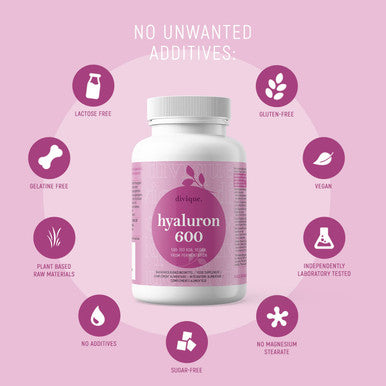 Divique Hyaluronic Acid Supplement 600mg per Capsule (500-700 KDA) - 3 Months Supply - Double Potency 90 Hyaluronic Acid Capsules - Vegan Fermented - Formula with Vitamin C Zinc Copper Selenium D-Biotine