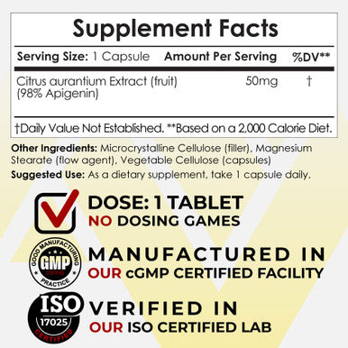 Nootropics Depot Apigenin Capsules | 50mg | 180 Count | >98% Apigenin | Supports Healthy Levels