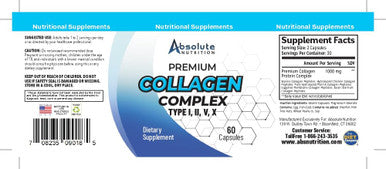 Absolute Nutrition Multi Collagen Complex Capsules - Collagen Peptides Pills with Hyaluronic Acid, Type I, II, III, V, X Collagen - 60ct Supplement for Hair, Skin, Nails & Joint Health - Men & Women