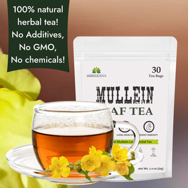 HERBALICIOUS Mullein Leaf Tea Bags For Lungs Cleanse, Detox & Respiratory Support - Caffeine Free Natural Mullein Herbal Tea - 100% Pure Non-Gmo And Gluten Free Mullein Tea - 30 Tea Bags