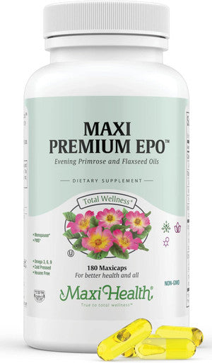 Maxi Health Evening Primrose and Flax Seeds Oil Softgels - Vegan Omega 3 6 9 Supplements for Healthy Skin Hair and Joints - Kosher Organic Evening Primrose Oil Softgels 180 Count