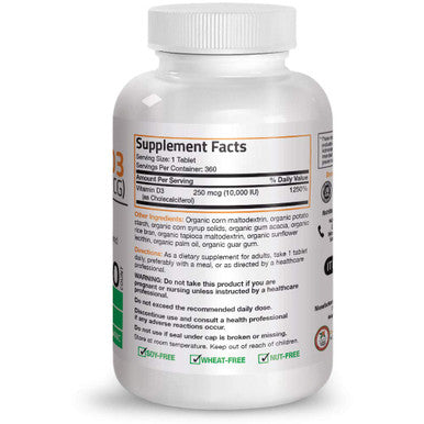 Bronson Vitamin D3 10,000 IU (250 mcg) 1 Year Supply for Immune Support, Healthy Muscle Function & Bone Health, High Potency Organic Non-GMO Vitamin D Supplement, 360 Tablets