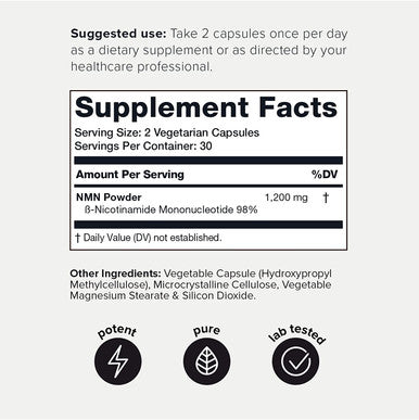 1200mg Third Party Tested and Verifiable Stabilized NMN Capsules - 98% Highly Purified and Highly Bioavailable for NAD + - 60 Capsules NMN Nicotinamide Mononucleotide Booster Supplement