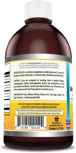 Amazing Nutrition Omega Norwegian Cod Liver Oil 16 Oz 473 ml Supplement | Orange Flavor | Non-GMO | Gluten