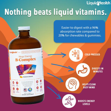 Liquidhealth 32 Oz Vitamin B Complex Liquid Multivitamin for Women & Men Super B Complex Mega B Vitamins Energy Supplement with B1 B2 B3 B5 B6 Methyl B12 Liquid Folate & Biotin