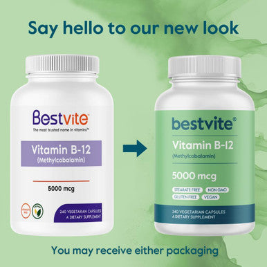 Bestvite Vitamin B12 (Methylcobalamin) 5000mcg (480 Vegetarian Capsules)(2 x 240) (Methyl B12) - No Stearates - Vegan - Non GMO - Gluten
