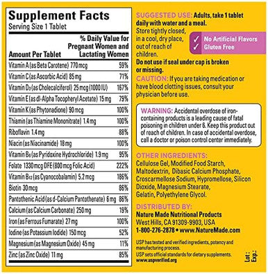 Nature Made Prenatal Multivitamin With Folic Acid Prenatal Vitamin And Mineral Supplement For Daily Nutritional Support 250 Tablets 250 Day Supply