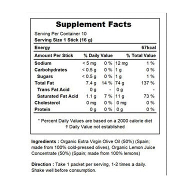 BB LAB Organic Olive & Lemon Dual Shot 50:50 Ratio Cold-Pressed Extra Virgin Olive Oil & NFC Lemon Juice 16g*10 Sticks