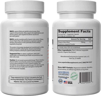 Superior Labs Organic Peruvian Maca 100 Pure NonGMO Dietary Supplement for Calming and Relaxation Zero Synthetic Additives Stearates Dioxides 750mg 120 Vegetable Capsules