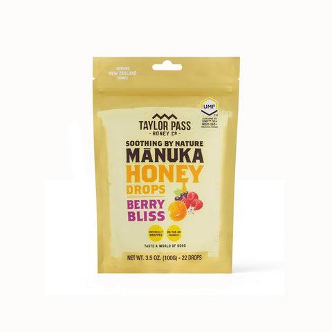 Taylor Pass Honey Co MÃ„Ânuka Honey Drops UMFÃ¢â€žÂ¢ 10+ | Berry Bliss | MÃ„Ânuka Honey Lozenges | Soothing Natural Manuka On-the-Go | 22 Individually Wrapped Drops | Made in New Zealand