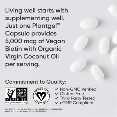 Sports Research Vegan Biotin 5000Mcg With Organic Coconut Oil - Extra Strength Biotin Vitamin B7 For Healthier Hair & Skin + Keratin Support - Non-Gmo & Gluten Free, 120 Softgels (4 Month Supply)
