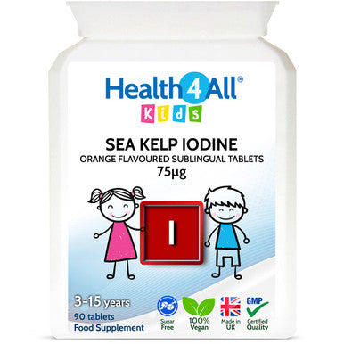 Kids Sea Kelp Iodine 75mcg Sublingual 90 Tablets (V) Vegan. Natural Iodine for Children Supports Learning and Growth with Orange Flavoured. Made in The UK by Health4All