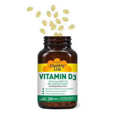Country Life Vitamin D3 Non-Fish 2500 Iu 200 Softgels Certified Gluten Free
