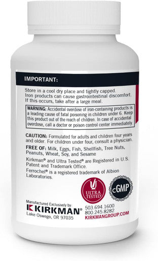 Kirkman - Iron Ferrochel 5Mg - 120 Capsules - Aids Hemoglobin & Myoglobin Production - Supports Red Blood Cells Formation - Hypoallergenic