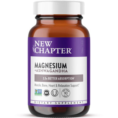 New Chapter Magnesium + Ashwagandha Supplement 325 mg with Magnesium Glycinate 2.5x Absorption Muscle Recovery Heart & Bone Health Calm & Relaxation Gluten Free Non-GMO - 90 ct