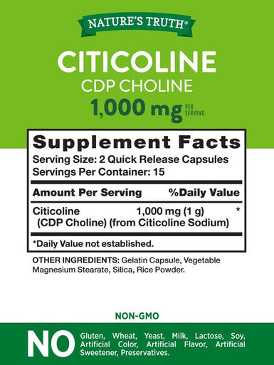 Citicoline 1000mg | 30 Capsules | CDP Choline | Non-GMO & Gluten Supplement | by Natures Truth