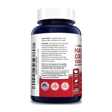 Magnesium Oxide 1,000mg 180 Veggie Caps (Non-GMO & )