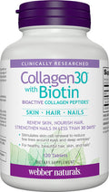 Webber Naturals Collagen30 with Biotin 2500 mg of Bioactive Collagen Peptides with 5000 mcg of Biotin Per Serving 120 Tablets For Advanced Nourishment of Skin Hair and Nails Dairy Gluten