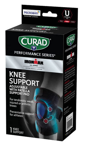 Curad Performance Series Ironman Knee Support Adjustable with Patella Support Pad for Tendonitis Weak or Injured Knees Preventative Support for Athletes