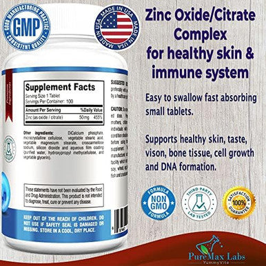 Zinc Citrate/Oxide 50Mg - Immune Support & Antioxidant Supplement, Skin Health Support - 100 Tablets