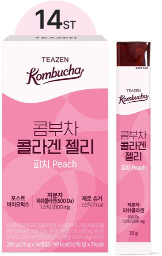 Teazen Collagen Peptides Gummies Kombucha Stick Jelly Soft Chews Postbiotics Zero Sugar Low Calorie Peach Flavor 14 Sticks 9.87oz