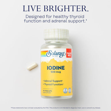Solaray Iodine 500 Mcg, Iodine Supplement For Healthy Adrenal And Thyroid Support, Energy, Metabolism, And Focus, Potassium Iodide, Vegan, 60-Day Money-Back , 90 Servings, 90 Vegcaps
