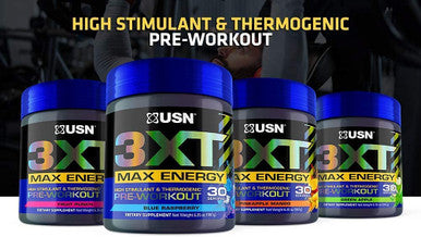 USN 3XT Max Energy Pre-Workout Supplement Powder for Energy, Endurance, and Pump, Preworkout Drink Mix, Nitric Oxide, Citrulline, Caffeine, Zero Creatine, Blue Raspberry (30 Servings)