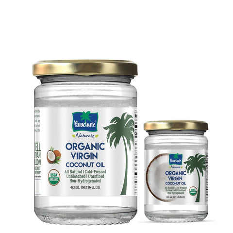 "Parachute Naturalz Organic Virgin Coconut Oil | Cooking Oil, Hair Oil, Body Oil & Oil Pulling | Cold Pressed | Unbleached | Unrefined | Non-Hydrogenated | MCT Oil | USDA Certified |6.7 Fl. Oz. | Glass Jar"