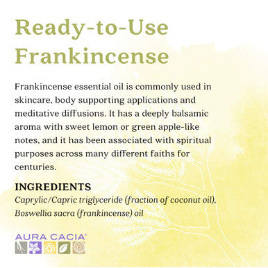 Aura Cacia ReadytoUse Frankincense Essential Oil in Fractionated Coconut Oil GC/MS Tested for Purity 4 fl. oz.