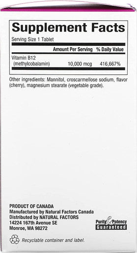 Natural Factors B12 Methylcobalamin Cherry 10000 mcg 30 Chewable Tablets