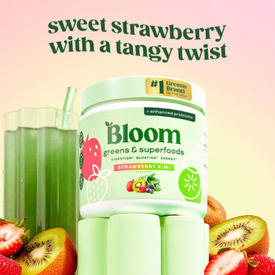 Bloom Nutrition Greens and Superfoods Powder for Digestive Healt hGreens Powder Digestive Enzymes Probiotics Spirulina Chlorella for Bloating & Gut Support Green Juice 30 SVG Strawberry Kiwi