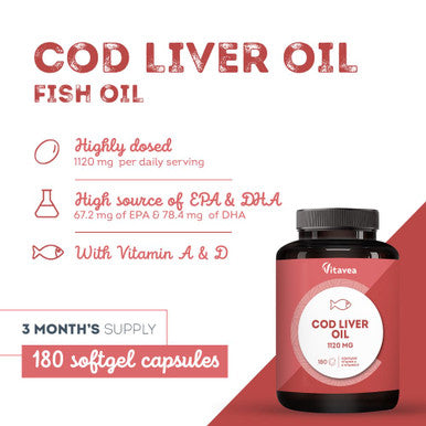 Cod Liver Oil 1120mg Omega-3 DHA & EPA Fish Oil with Vitamins A & D Supports Immune System Heart Brain & Vision Cod Liver Oil Capsules 180 Softgels (6-Month Supply) Vitavea