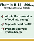 Nature's Bounty Vitamin B12 Supports Energy Metabolism And Nervous System Health 500Mcg Tablets 100 Ct (Pack Of 2)