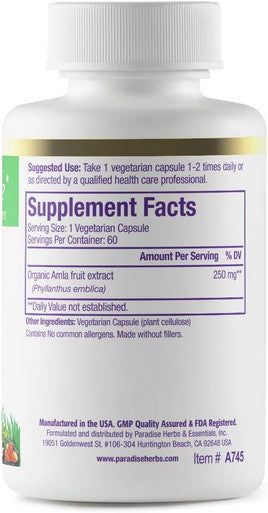 Paradise Herbs Organic Amla Extract | Ayurvedic Rejuvenator | Active Whole Spectrum Extract | Vegan | NON-GMO | Gluten | 60 Vegetarian Capsules