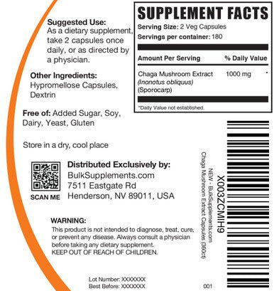 Bulksupplements.Com Chaga Mushroom Extract Capsules - Chaga Extract, Chaga Mushrooms Capsules - Vegan & Gluten Free, 2 Capsules (1000Mg) Per Serving, 360 Veg Capsules (Pack Of 1)