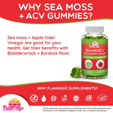 Flamingo Supplements Sea Moss Gummies With Apple Cider Vinegar Bladderwrack And Burdock Root Organic- Sea Moss Gummies For Adults And Kids- Vegan Organic Irish Seamoss And Acv Ã¢â‚¬â€œ 70 Ct