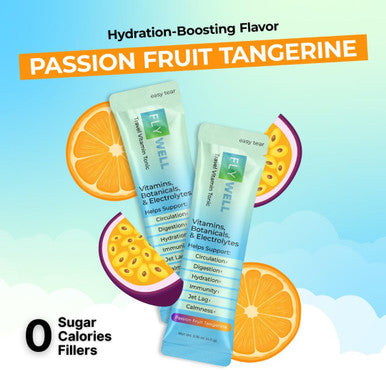 Travel Vitamin Tonic For Flight, Jet Lag, Hydration, Circulation, Digestion & Immune Support, Promotes Calmness, Electrolyte Powder, Travel Essentials, Passion Fruit Tangerine, 15 Sticks