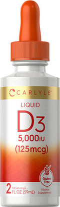 Carlyle Liquid Vitamin D3 5000 IU (125 mcg) 2 oz Vegetarian, Non-GMO, and Gluten Free Supplement Vitamin D Liquid Drops for Adults