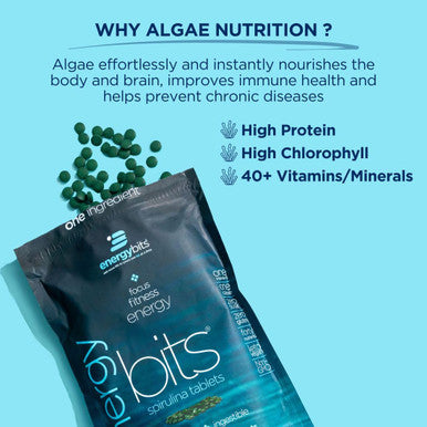 ENERGYBITS - Organic Spirulina Tablets - Plant-Based Algae Superfood - for Focus, Fitness, Energy - Plant Protein - Gluten Free - Collagen, Vitamin B12, Omega 3 - Keto & Vegan - 1000 Algae Tablets