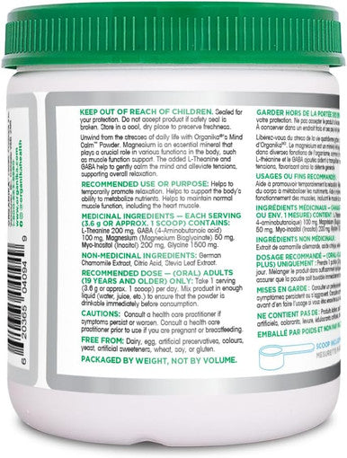 Organika Mind Calm Powder- With Magnesium Bisglycinate, L-Theanine, Gaba, Inositol- Promotes Relaxation And Calm Without Drowsiness- 216G