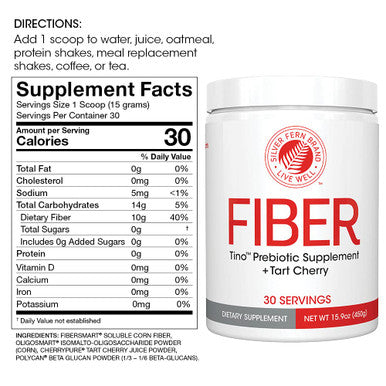 Silver Fern Tino Natural Gluten Free Prebiotic Fiber Supplement - With Tart Cherry Extract & Polycan Black Yeast Extract - Non-Gmo, Water Soluble Fiber Powder Mix (1 Canister - 15.9 Oz)