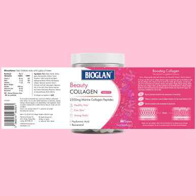Bioglan Collagen Tablets 2500mg Hydrolysed Marine Collagen Hyaluronic Acid Resveratrol Biotin Selenium and Vitamin C 90 Tablets