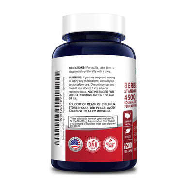 Berberine HCI 4500 mg - 200 Veggie Caps - 6 Months Supply - (100% Vegetarian, Non-GMO & Gluten-Free)
