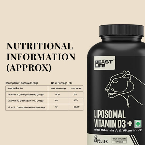 Beastlife Liposomal Vitamin D3 Plus With Vitamin A & Vitamin K2 For Immune Support Bone Health & Absorption Skin Support Calcium Utilization & Arterial Health Max 60 Capsules