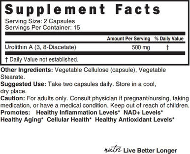 Nutri Urolithin A Supplement 500Mg - Powerful Nad+ Boost, Antioxidant, Cell Repair - 3Rd Party Tested - 500 Mg Urolithin A - 30 Vegan Capsules 2 Week+ Supply - More Effective Pomegranate Supplement